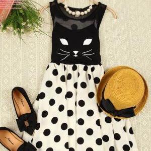 Cat Skirt Sleeveless Polka Dot Dress
